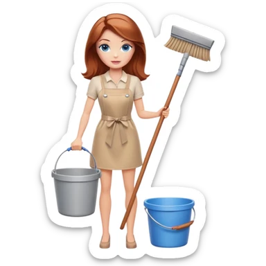 A Barbie girl with blue eyes, shoulder-length reddish-brown hair, made-up, and beige clothes stands with a mop and bucket sticker