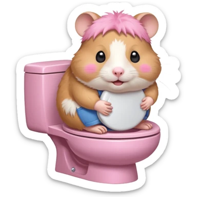 Cute chubby cartoon-style hamster sitting on toilet, sticker-style illustration sticker