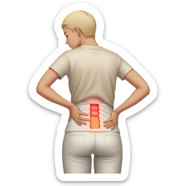 A realistic medical illustration of a person standing and holding their lower back in pain. A soft red glow highlights the lower back area to indicate soreness. The person has a natural expression of discomfort. Clean white background, even lighting, clinical style, full body view. sticker