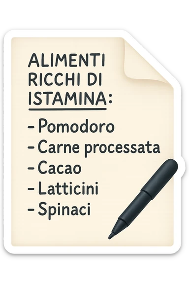 emoji di un foglio di carta con lista di alimenti ricchi di istamina scritti a penna:
ALIMENTI RICCHI DI ISTAMINA:
- Pomodoro
- Carne processata
- Cacao
- Latticini
- Spinaci sticker