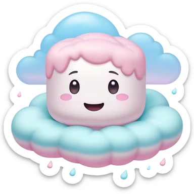 Cinematic fluffy pastel marshmallow character, soft round edges, tiny sparkly eyes, a small happy smile, glowing warmly, floating in a dreamy soft sky. sticker