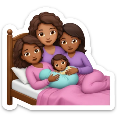 Two brown girls cuddling in bed with a baby girl in the middle sticker