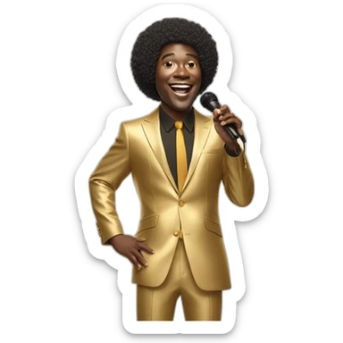 sam richardson in a gold suit singing into a microphone full body dancing short fro hair wig sticker