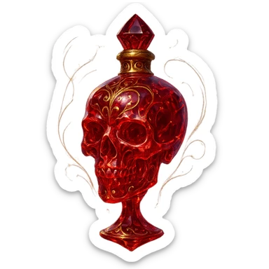 crystal luxurious skull-shaped elixir bottle, red color, barely visible golden collar, lots of glowing, edges, ornaments, golden details, magical effects, transparent background, beautiful connected bottom, clearly floating in air, no base or shadow, very luxurious, matches a collection sticker