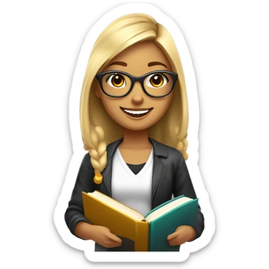 chica profesora joven rubia pelo largo liso con la raya al medio, sonriendo con libros en una mano, con gafas pequeñas color marrón redondas, vestida con camiseta color negro y con pendientes de aros grandes color dorado  sticker