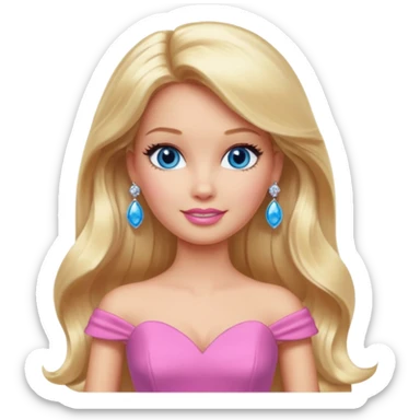 barbie, long blonde hair, pink dress, with blue eyes,different dress,ear rings, jewelary. sticker
