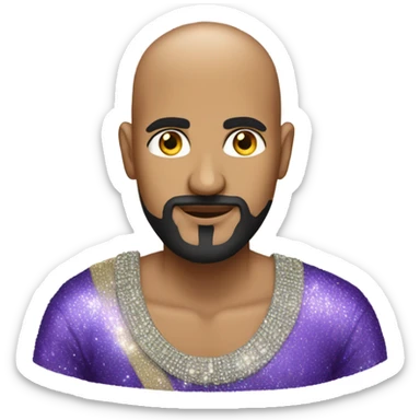 Bald Indian guy with black goatee wearing sparkles sticker