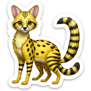 Lanky slender beautiful elegant spotted hype-realistic, black-maned, vibrant yellow Genet-Serval-Civet-fusion-hybrid-furry-fursona, full body, with a long puffy fluffy black-and-white-striped tail sticker