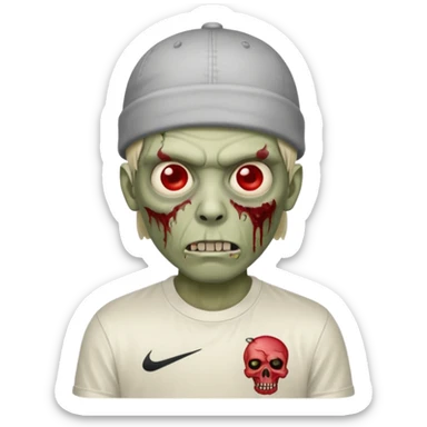 a zombie with the edgar hair cut chrome hearts shirt, one red eye and a nike skully on his head sticker