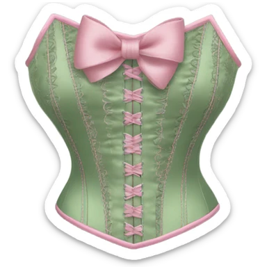 Sage green corset with flower embroidery and pink bows, isolated sticker
