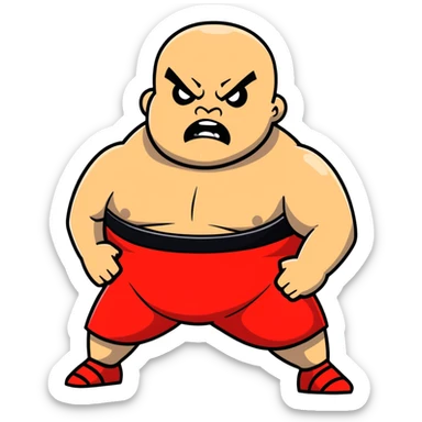 Close-up of white skin fat guy no muscle with prominent black durag, completely shaved face, no beard or mustache, black eyes in a red and black wrestling singlet with angry face sticker