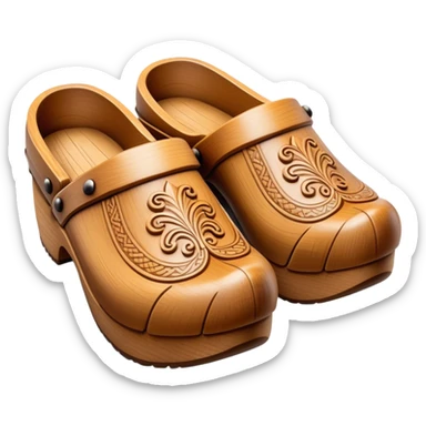 Cinematic Realistic Wooden Clogs Emoji, depicted as a pair of traditionally carved wooden clogs with intricate details and rustic charm. sticker