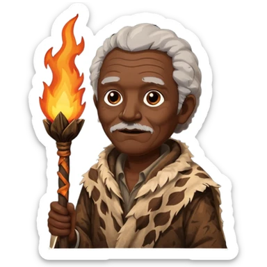 ancient africa old man, tattered animal skin cloth, hold fire stick sticker