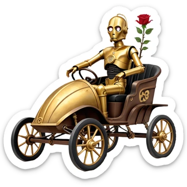 Old American West tarnished C-3PO bounty hunter 1854 delicately ornate rosegold accents painted dune buggy buckboard wagon powered by electric motors and batteries with safety features and belts flying rapidly across rough dusty terrain stable on strong agile futuresteampunk suspension and steering  sticker