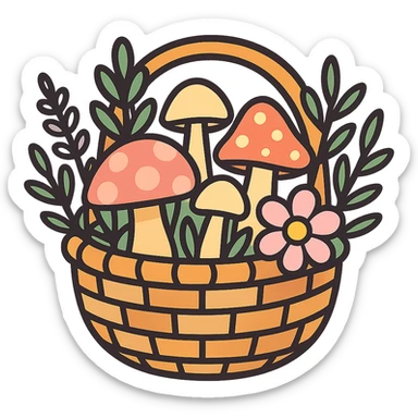 basket full of forest goodies including mushrooms, herbs, flowers in soft pastel colors, vibrant toon style sticker