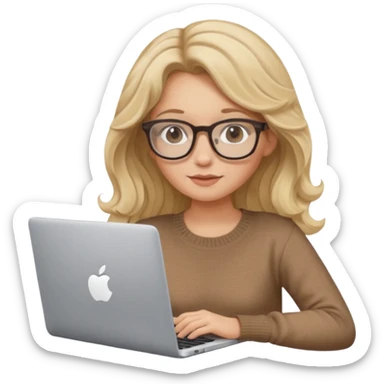 upper body view: blonde girl with dark blonde wavy hair, wearing pantos-style glasses and a brown sweater, sitting with a laptop, flat vector design, soft pastel colors, white background, Apple emoji style, upper body shot sticker
