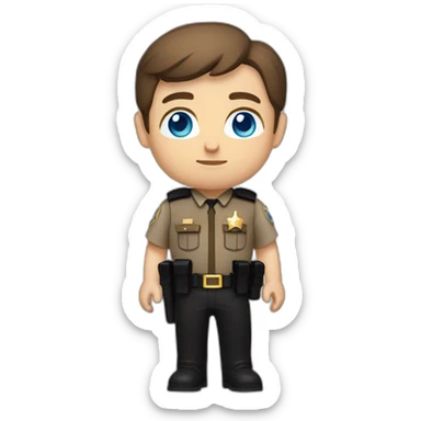 Deputy sheriff with short Brown hair and blue eyes and bulletproof vest and arms sticker