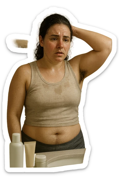 Donna tra i 25 e i 35 anni in un bagno o camerino, con espressione affaticata e leggermente imbarazzata, mentre si osserva allo specchio. È visibile una sudorazione abbondante sulla fronte e sotto le ascelle, e si notano peli più marcati su viso (mento o baffetti), addome e braccia. Indossa abiti leggeri o sportivi, e ha accanto a sé asciugamani e prodotti per la cura della pelle. Atmosfera realistica ma intima, con luce naturale e toni neutri. L'immagine trasmette consapevolezza, frustrazione e il desiderio di trovare soluzioni. Stile realistico, tono empatico e umano sticker