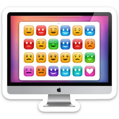 Emoji style simplified iMac screen displaying app icons in grid sticker