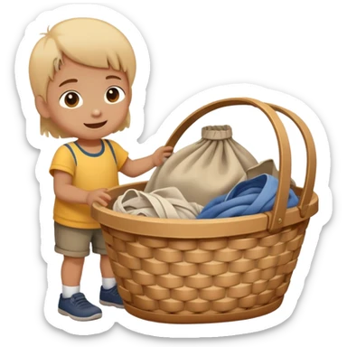 child dropping dirty clothes into a basket, cheerful and responsible sticker