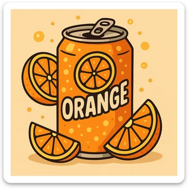 cartoon style illustration of a can of orange soda, bright and fizzy, with orange slices sticker