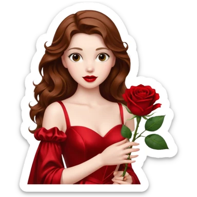 Still life render masterpiece, realistic appearance of Belle the Disney princess, from beauty and the beast, glamorous red silk gown. Holding a single highly realistic, red rose. Brown wavy hair, pale skin, red lips, looking at her prince beside her.  sticker