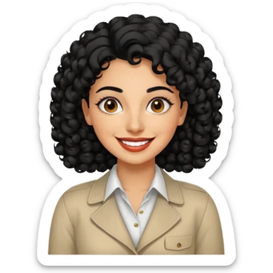 30 year old iranian woman very short curly black hair, big brown eyes, tanned skin, big smile, white teeth, pretty, stylish sticker