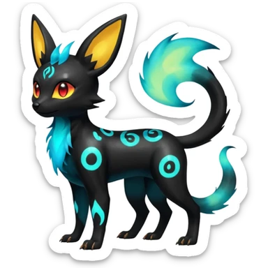 Shiny Fiery Dark Glowing Ethereal Eldritch Cool Edgy Badass Punky Aural Iridescent Fluorescent Bioluminescent Umbreon-Amaura-Salandit-Litten-Flareon-Fakémon-fusion (full body) with pattern markings sticker