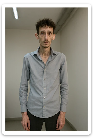 uomo che ha perso massa ed è piatto muscolarmente, lui è in piedi e si vede il fisico debilitato sticker