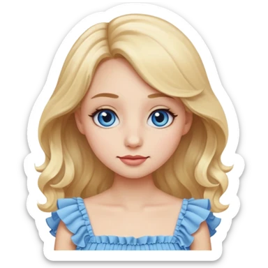 Emoji girl with slightly close-set blue eyes and eyeliner on them, a bit long nose, wide not very full lips, oval face shape, not so long blonde hair in cute light color ruffle dress sticker