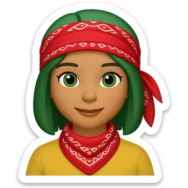 Create an image of a woman with a bandana and green hair in the style of Apple emojis, with no background. The style should mimic the look of Apple emojis. sticker