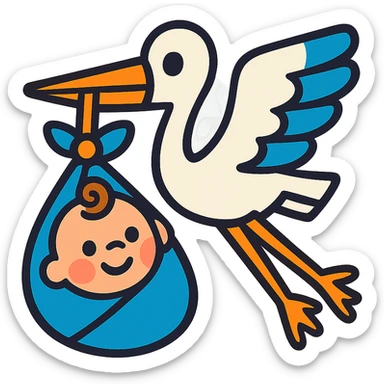 human baby in a bundle being carried by a flying stork in vibrant toon style sticker