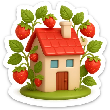 Create a 3D iOS-style illustration of a cute house with a red roof, surrounded by strawberry plants with ripe strawberries and green leaves. The scene should have soft lighting and a glossy effect. No background. Style: GPT Image. sticker