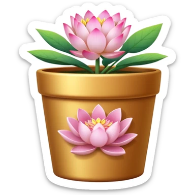 Gold-colored ceramic flower pot; it is shallow and cylindrical, and contains a lotus flower plant.
 sticker
