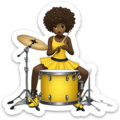 cute punk girl in yellow dress dark skin with yellow eyes and dark curvy hairs plays on drums sticker