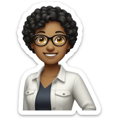 Standing girl with black curly hair, round glasses and a big smile sticker