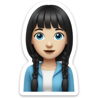 A pale girl with blue eyes. Black hair with pigtails. And bangs sticker