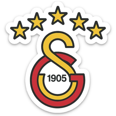 Galatasaray emblem, 5 stars above, contemporary design, yellow and red, minimalistic, color outline icon style sticker