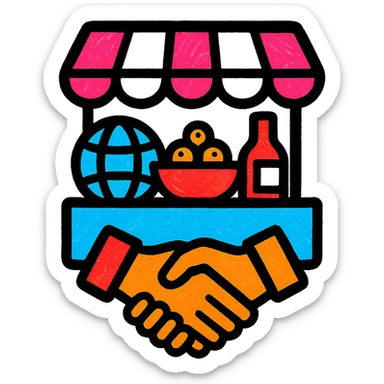 A vibrant icon of a marketplace with various international goods and a partnership symbol, using colors #1E90FF, #F13816, and #FFFFFF sticker