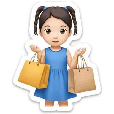Asian toddler girl in 2 pony tails in blue dress holding one shopping bag sticker