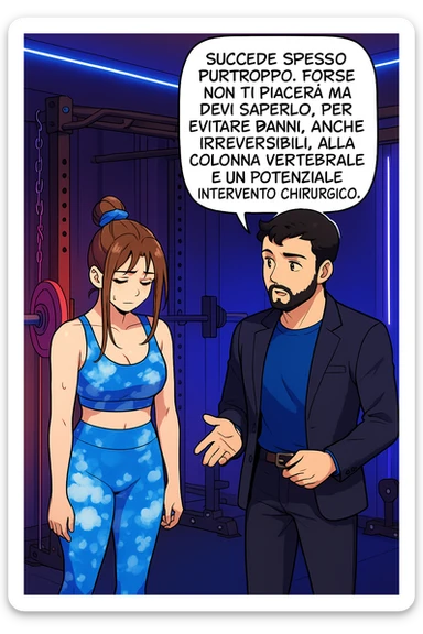 fai questa immagine in versione fumetto/manga/webtoon a colori, il manga mostra l'uomo che risponde alla donne:
Succede spesso purtroppo. 
Forse non ti piacerà ma devi saperlo, per evitare danni, anche irreversibili, alla colonna vertebrale e un potenziale intervento chirurgico. sticker