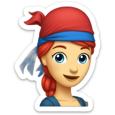 Woman long red hai in a single platt. pirate hat. One side of head has no hair. Blue eyes. skull and crossbones t shirt sticker