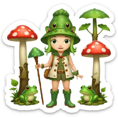 woodland bard woman dressed as frog druid, mushroom hat and rain boots sticker