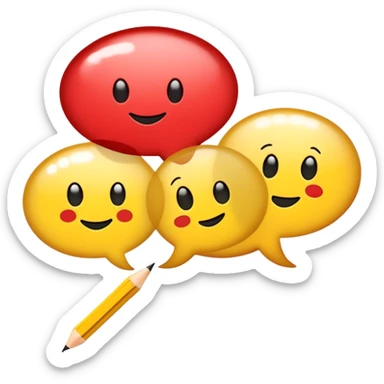 Create a vibrant and focused emoji representing writing text for comic books. The design should feature an open comic book with visible speech bubbles and text lines. A pencil or quill (without a hand) should be shown writing or sketching text into the bubbles. The background should show subtle comic panels with empty spaces awaiting dialogue, emphasizing the writing process. Use a mix of bright and bold colors like black, red, and yellow to convey creativity and energy. The overall design should evoke the art of storytelling through text in comic books. Make the background transparent. sticker