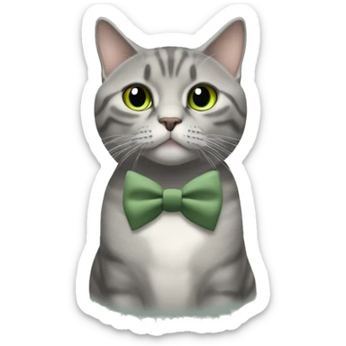 Aesthetic fat grey tabby British short hair full body cat with sage green bow tie sticker