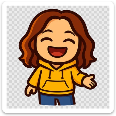 Update this chibi emote to remove the headband, sparkles, and wand. Change the outfit to a yellow hoodie and jeans, laughing with eyes closed sticker