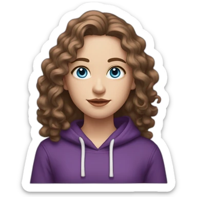 Full length girl with blue eyes and white skin and long curly brown hair with high aristocratic cheekbones in a purple hoodie sticker