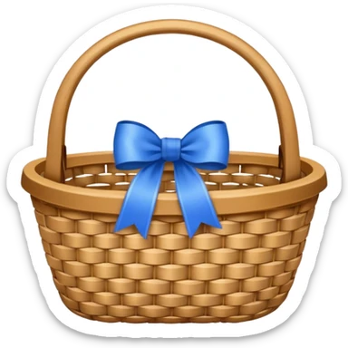 A basket with a blue ribbon on the handle sticker