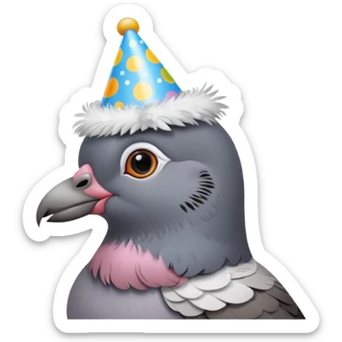 A pigeon wearing a birthday hat sticker