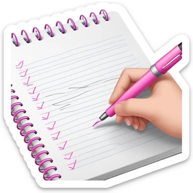 close-up view of hand writing with a pink pen in a notebook sticker